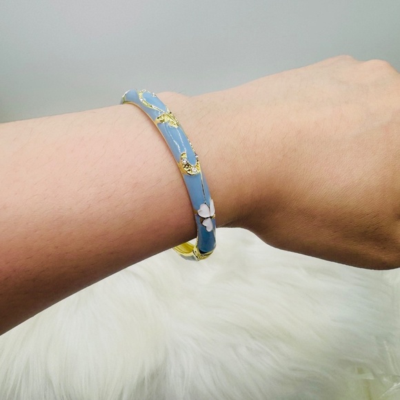 Flower Enamel Cloisonne Blue Bracelet Bangle - Picture 6 of 7